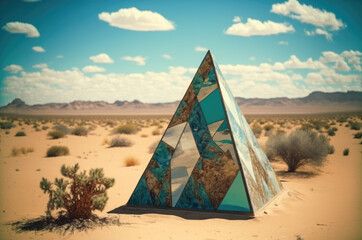 Pyramid made of stained tiffany glass in the desert. Generative AI