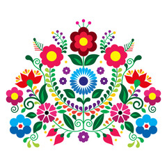 Mexican traditional embroidery style vector floral bouquet design, colorful pattern inspired by folk art from Mexico
 
