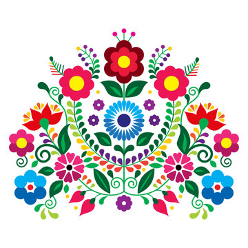 Mexican traditional embroidery style vector floral bouquet design, colorful pattern inspired by folk art from Mexico
 