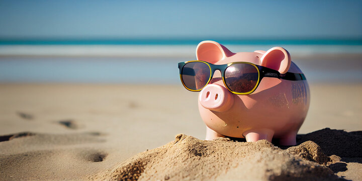 Piggy Bank With Sunglasses On The Beach Holiday. Saving Concept