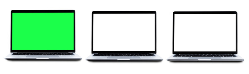 Laptop mockups on transparent background. Set of laptop with blank, transparent and green screen....