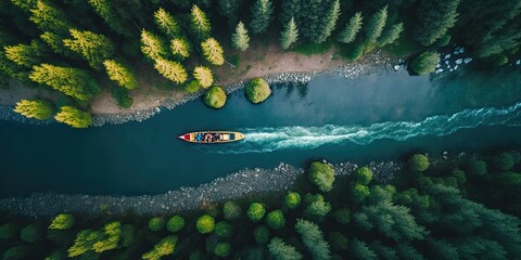 A sports kayak floats along the river in the forest, top view. Generative ai. - obrazy, fototapety, plakaty