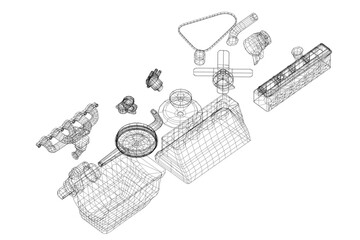 3d illustration. Parts of old car straight inline engine - 581393527