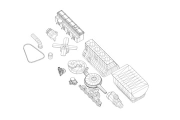 3d illustration. Parts of old car straight inline engine