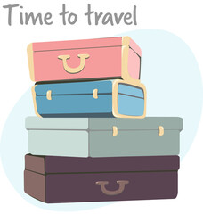 several travel suitcases in retro style and pastel colors and a written text Time to travel