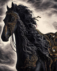 Black menacing horse with long flowing manes. Generative AI. - obrazy, fototapety, plakaty