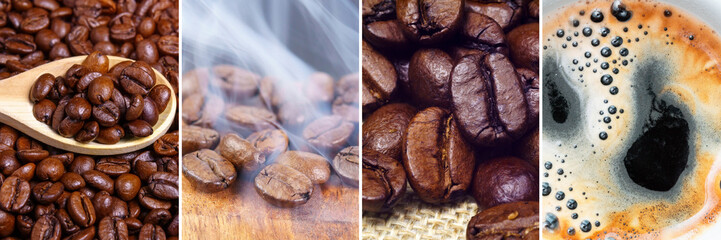 Collage of coffee and roasted coffee beans. Coffee time, relax, banner background
