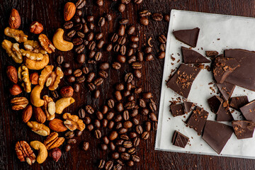 Coffee Beans. Coffee. Cups of coffee home brewed.  Espresso with steamed milk, frothy milk foam, topped with sugar and chocolate syrup. Classic Italian or French cafe or coffee shop drink.