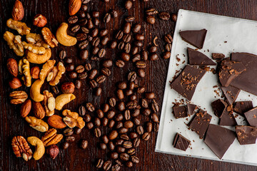 Coffee Beans. Coffee. Cups of coffee home brewed.  Espresso with steamed milk, frothy milk foam, topped with sugar and chocolate syrup. Classic Italian or French cafe or coffee shop drink.