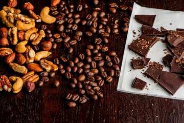 Coffee Beans. Coffee. Cups of coffee home brewed.  Espresso with steamed milk, frothy milk foam, topped with sugar and chocolate syrup. Classic Italian or French cafe or coffee shop drink.