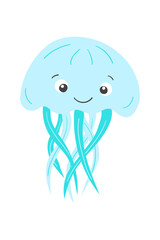 Vector cartoon funny blue jellyfish in flat style. Illustration of sea animal character