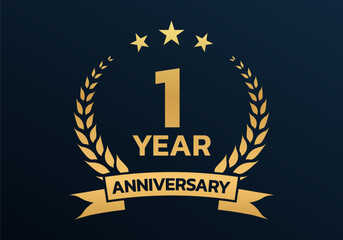 1 year anniversary laurel wreath logo or icon. Jubilee, birthday badge, label or emblem. 1st celebration design element. Vector illustration.