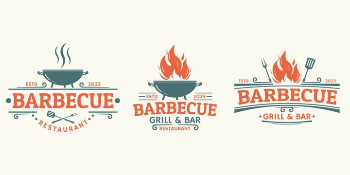 Barbeque logo set. BBQ icon or label. Grill bar, meat restaurant, steak house vintage badge design with fire flame, grill fork and spatula. Vector illustration.