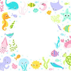 Obraz na płótnie Canvas Vector cute fish and wild marine animals circle frame in flat style. Colourful set of ocean and sea life