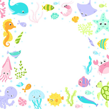 Vector cute fish and wild marine animals circle frame in flat style. Colourful set of ocean and sea life