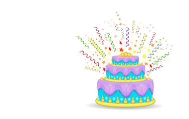 Children's birthday cake with icing.
Popper explosion at a party, 3d vector image.