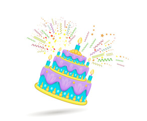 Children's birthday cake with icing.
Popper explosion at a party, 3d vector image.