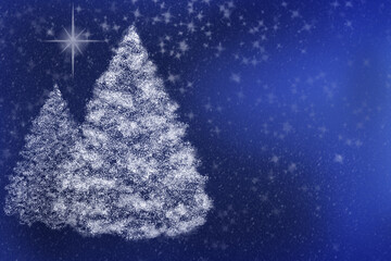 Winter background on dark blue. White fir trees and snow. Merry Christmas, Happy New Year.