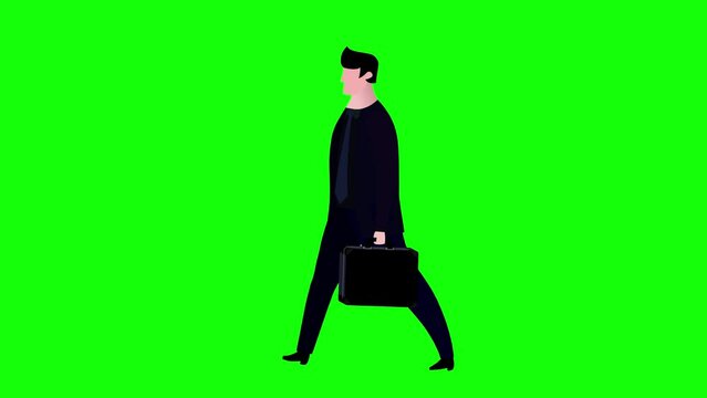 Cartoon businessman black suit character isolated. Walking, stopping and starting. Business people animated version. Business cartoon animations serie. Seamless loop and transitions.
