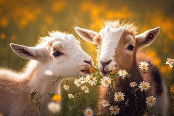 Two cute young goats playing with flowers in a field. animal farm. Generative AI