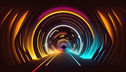 Neon light tunnel. Abstract neon background. Futuristic blue and purple glowing lines 