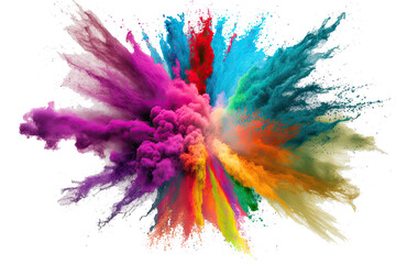 Fototapeta na wymiar Holi color powder explosion with rainbow on isolated white background, burst of vibrant colors. Generative AI