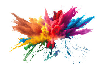 Holi color powder explosion with rainbow on isolated white background, burst of vibrant colors. Generative AI