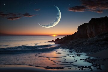 crescent moon over the ocean in the background, at sunset. Generative AI