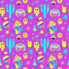 Seamless pattern with y2k style elements. Acidic vivid neon colors. Bright youth pattern with 70 s symbols. Cactus, psychoholic mushrooms, hemp leaf. Vector illustration on pink background.
