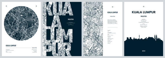 Set of travel posters with Kuala Lumpur, detailed urban street plan city map, Silhouette city skyline places of interest, vector artwork - obrazy, fototapety, plakaty