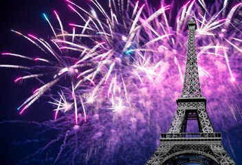 Celebratory colorful fireworks over the Eiffel Tower in Paris, France