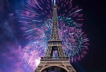 Celebratory colorful fireworks over the Eiffel Tower in Paris, France