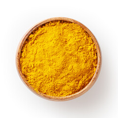 Dry turmeric (curcuma) powder in wooden bowl isolated on white background with clpping path