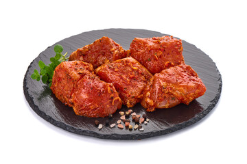 Pork kebab, ready to cook, BBQ, isolated on white background.