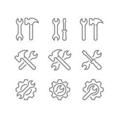 Wrench or spanner and hammer, screwdriver crossed line icon set. Settings, tools and gear outlined icons.
