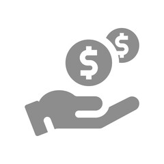 Human hand and money dropping Us dollar coin icon. Savings and payment concept vector fill symbol.