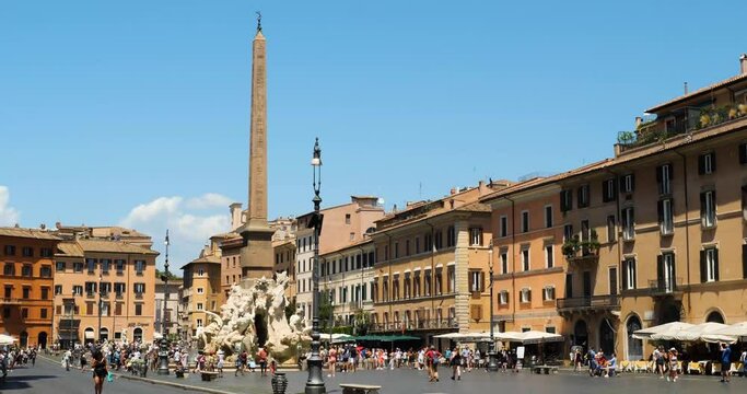 Fountain of the Four Rivers (Fontana dei Quattro Fiumi) Fountain by Gian Lorenzo Bernini in Piazza Navona, Rome, Italy.