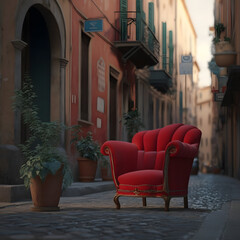 Red armchair in the streets of New-York, Paris, London and Italy, Ai generated
