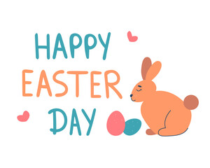 handwritten text with Easter greetings. Happy Easter Day! a minimalistic bunny is depicted. vector 