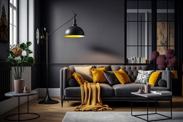 Stylish living room interior with comfortable sofa and floor lamp. Generative AI
