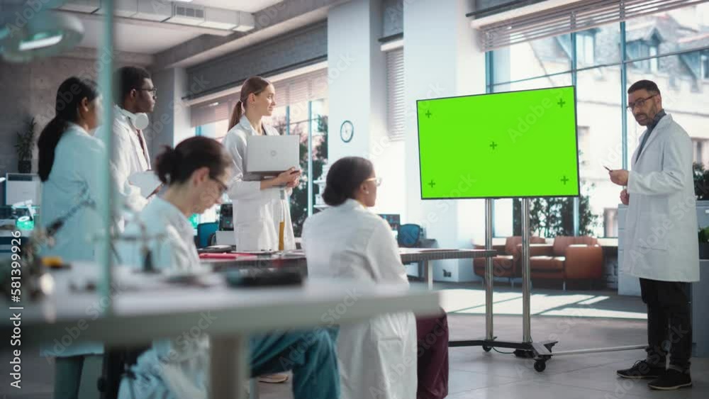 Poster Group of Students Listening to Their Robotics Professor Who Uses Green Screen Monitor in a Laboratory. Team of Engineers Having a Meeting and Discussing Manufacturing Ideas, Using Technology