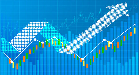 business chart with uptrend line graph Bar graph and bull market figures on white and blue background. illustration