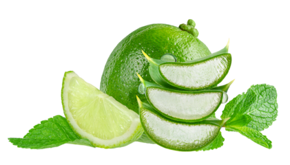 Aloe vera, mint leaves and lime isolated