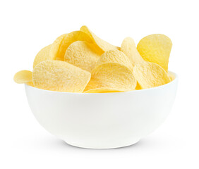 Potato chips in white bowl isolated