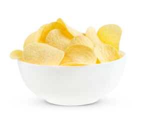 Potato chips in white bowl isolated