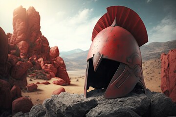 Greek Sparta style helmet on rocks with a red cape. Roman warrior's helmet on an old stone ruinous landscape. Mars, a red planet. Generative AI