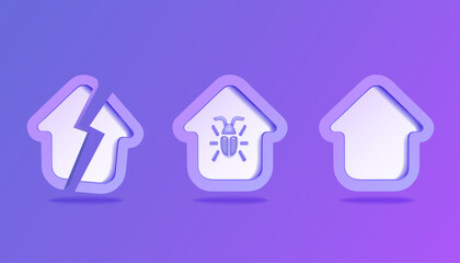 Set of 3D house icon. Broken house, house with insects.