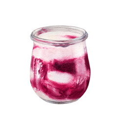Watercolor illustration of yogurt with blueberry jam, isolated on white background. White chocolate mousse blueberry in a glass.