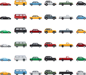 Set of pixel colored cars isolated on a white background. For games and mobile applications.