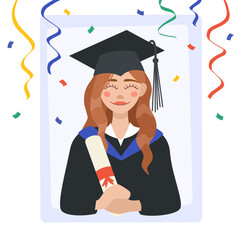 Girl student in a graduation gown and cap. A female student holds a diploma and celebrates graduation. Illustration in flat style.